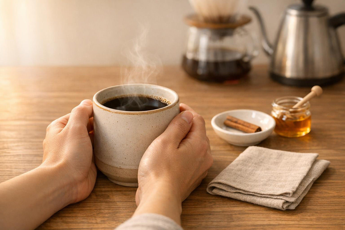 Hands holding a warm cup of black coffee on a wooden table for a calm, focused morning