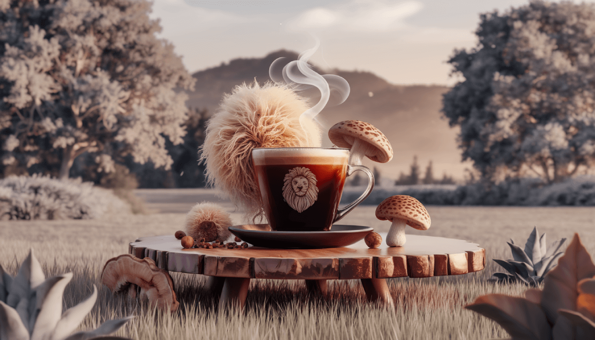 Cup of mushroom coffee beside mushrooms on a wooden table