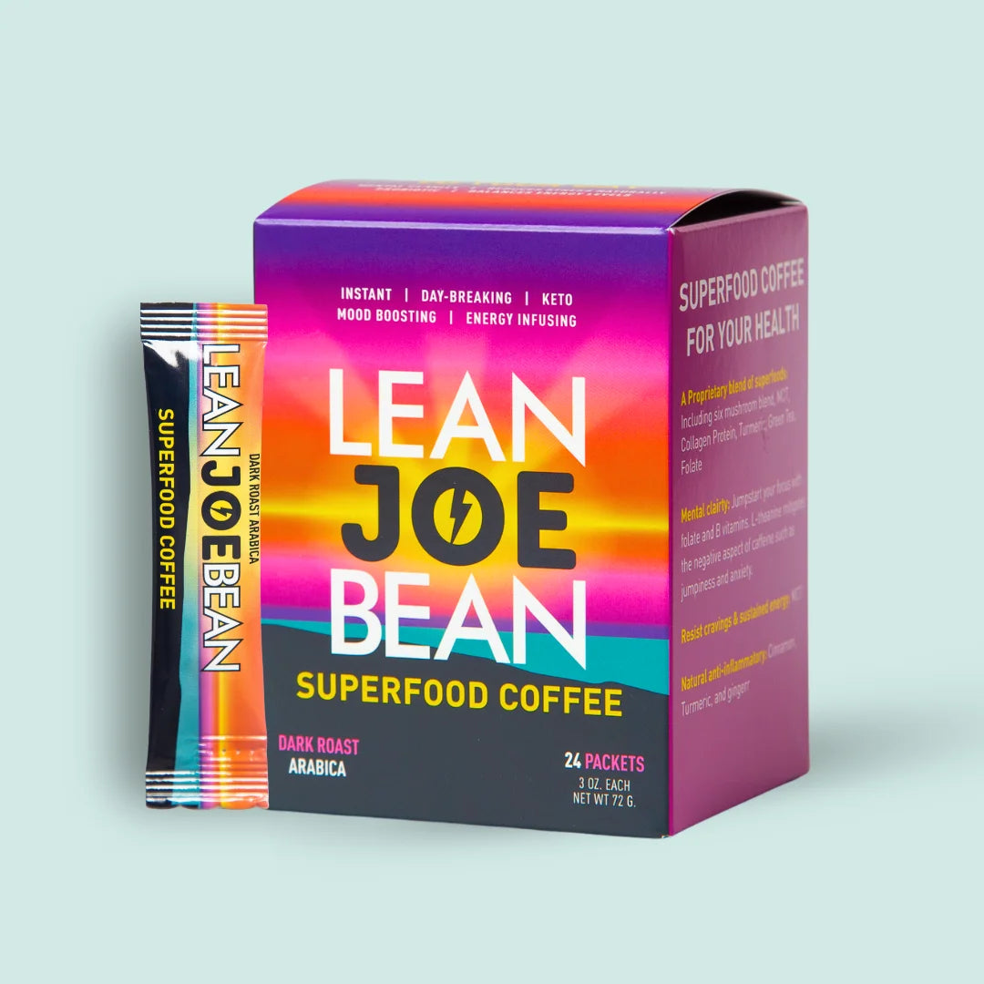 Lean Joe Bean superfood coffee packaging on a light blue background