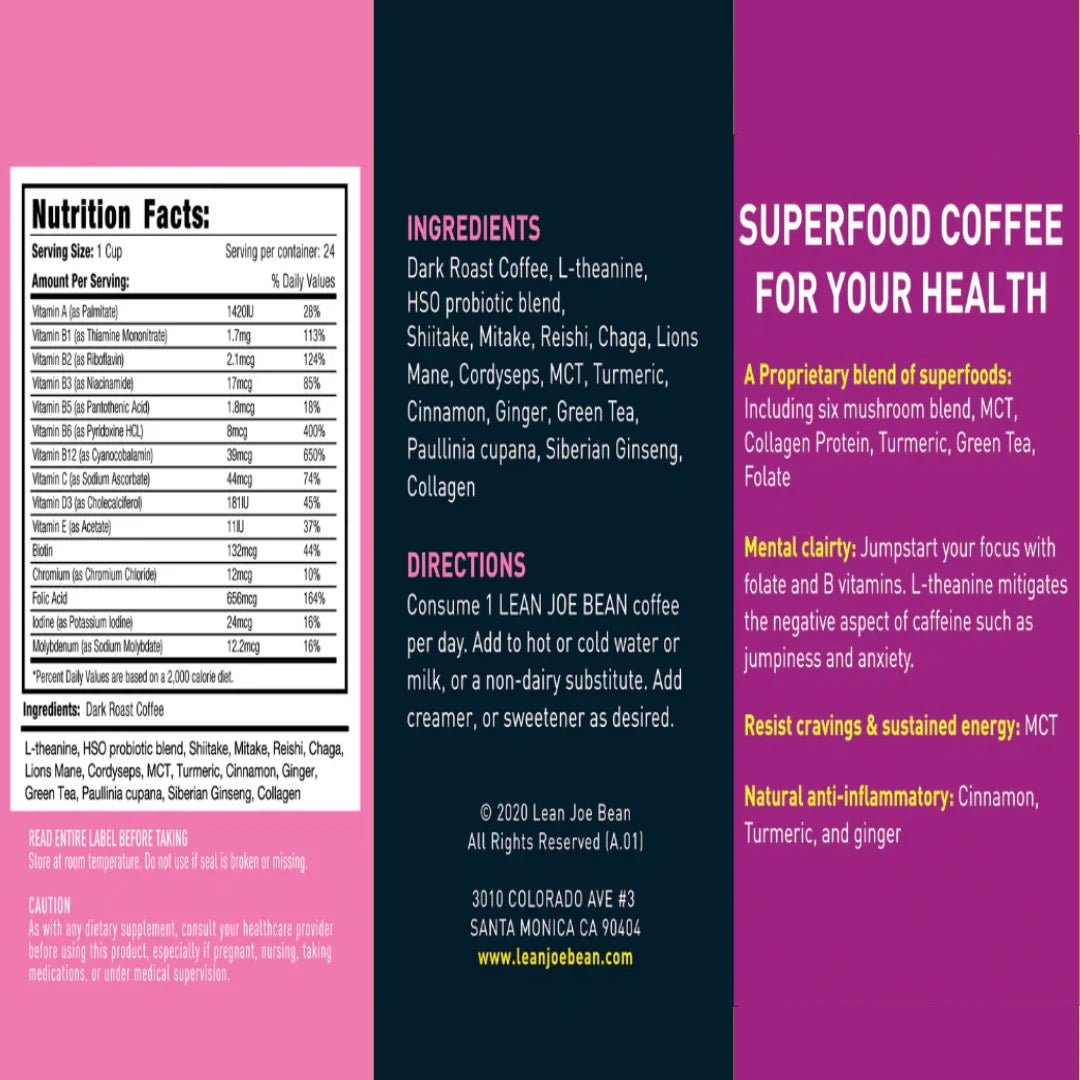 Nutritional label and ingredients list for a superfood coffee product on a pink and purple background.