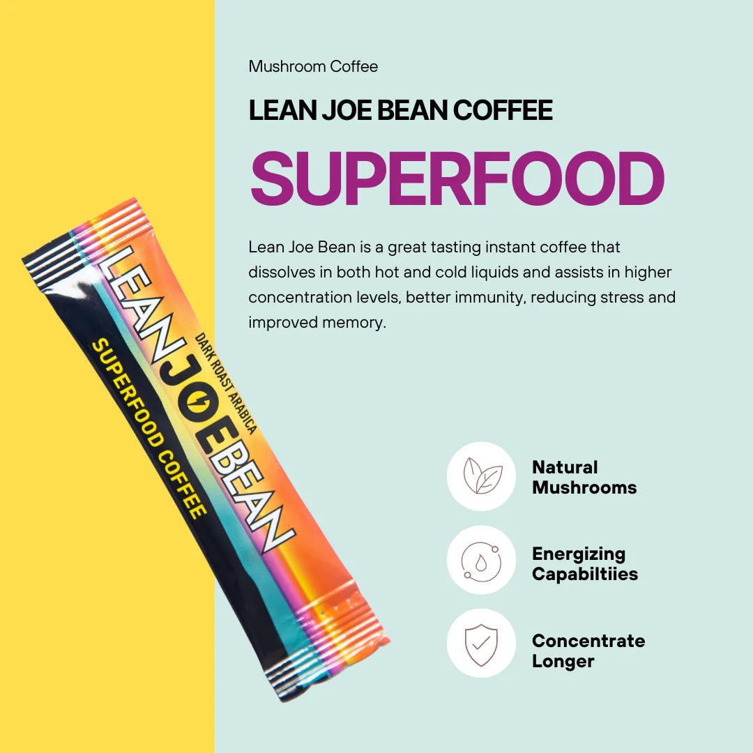 Lean Joe Bean coffee package with product details on a yellow and light blue background