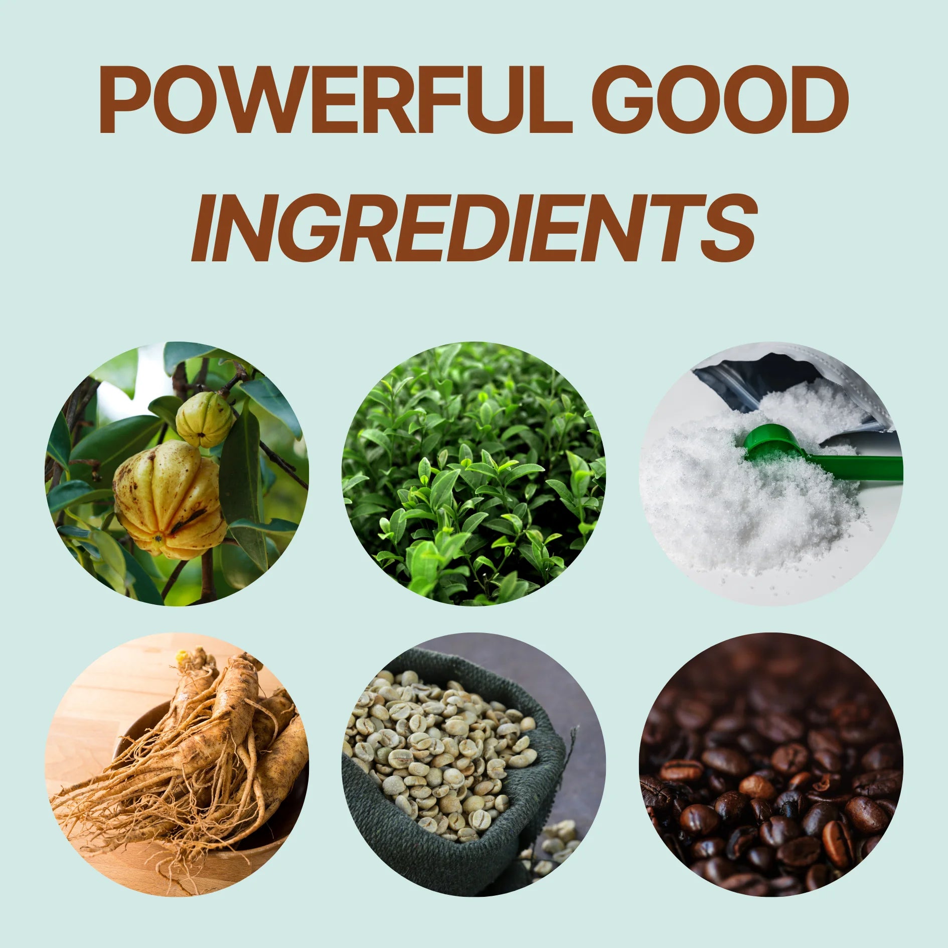 Various ingredients with text 'Powerful Good Ingredients' on a light blue background